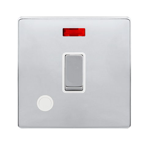 Screwless Plate Polished Chrome 20A Ingot Double Pole Switch With Neon + Flex Outlet - White Trim - SE Home