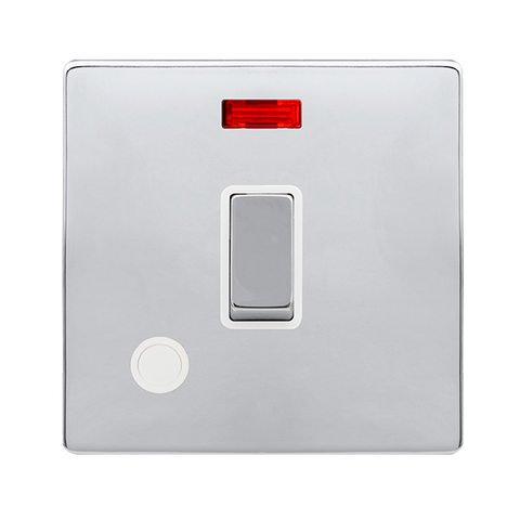 Screwless Plate Polished Chrome 20A Ingot Double Pole Switch With Neon + Flex Outlet - White Trim