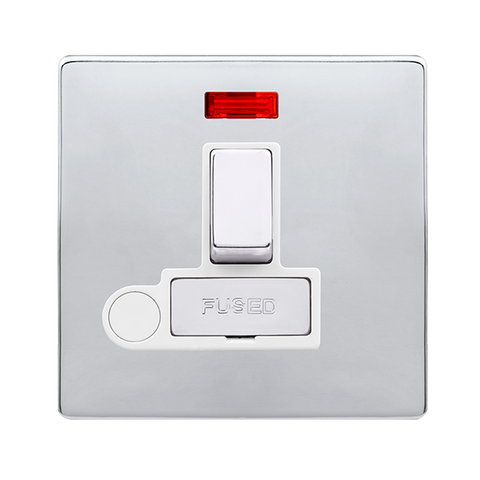 Screwless Plate Polished Chrome 13A Ingot Switched Fused Connection Unit With Neon + Optional Flex Outlet - White Trim