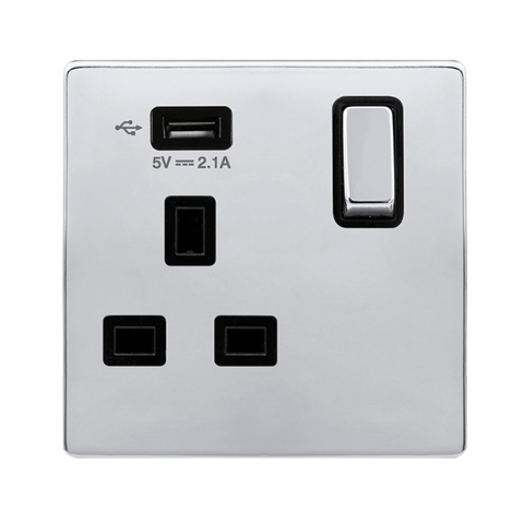 Screwless Plate Polished Chrome 13A Ingot 1 Gang Switched Plug Socket With 2.1A Usb Outlet - Black Trim