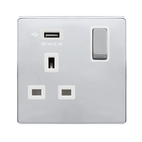 Screwless Plate Polished Chrome 13A Ingot 1 Gang Switched Plug Socket With 2.1A Usb Outlet - White Trim