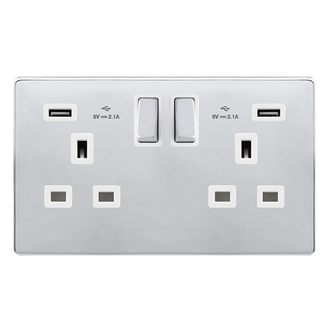 Screwless Plate Polished Chrome 13A Ingot 2 Gang Switched Plug Socket With 2.1A Usb Outlets - White Trim