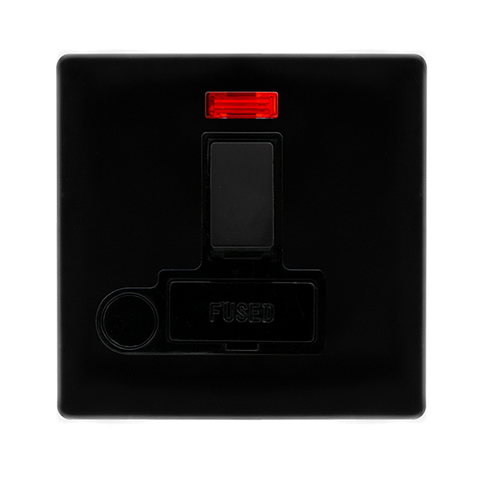 Screwless Plate Black Metal 13A Switched Fused Spur Unit With Neon + Optional Flex Outlet - Black Trim