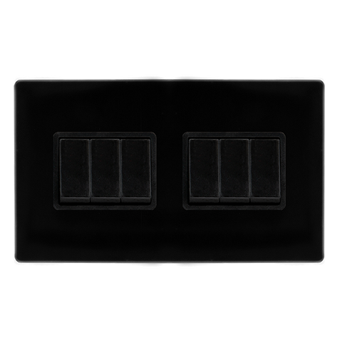 Screwless Plate Black Metal 10A   6 Gang 2 Way Light Switch - Black Trim