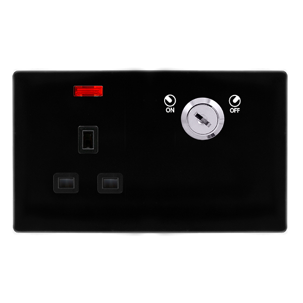 Screwless Plate Black Metal 13A 1 Gang Double Pole Key Lockable Socket ...