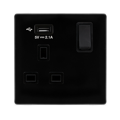 Screwless Plate Black Metal 13A   1 Gang Switched Plug Socket With 2.1A Usb Outlet - Black Trim