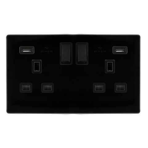 Screwless Plate Black Metal 13A   2 Gang Switched Plug Socket With 2.1A Usb Outlets - Black Trim