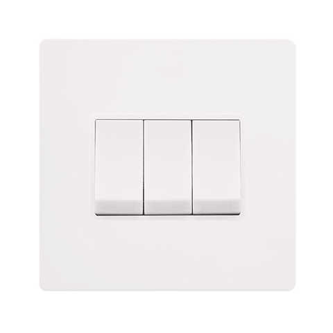 Screwless Plate White Metal 10A   3 Gang 2 Way Light Switch - White Trim