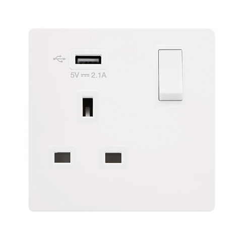 Screwless Plate White Metal 13A   1 Gang Switched Plug Socket With 2.1A Usb Outlet - White Trim