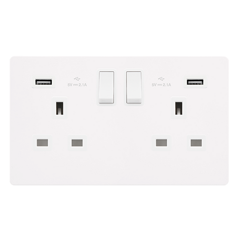 Screwless Plate White Metal 13A   2 Gang Switched Plug Socket With 2.1A Usb Outlets - White Trim