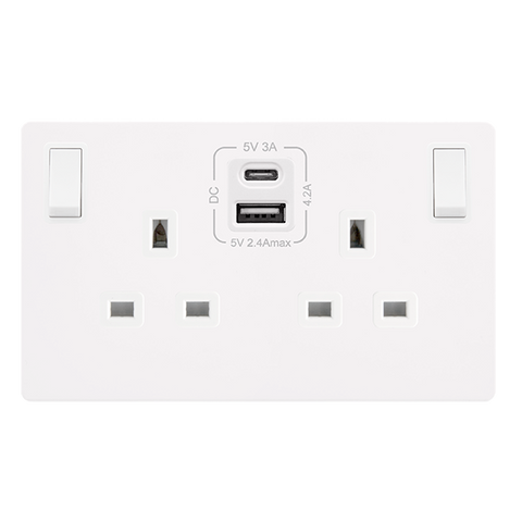 Screwless Plate White Metal 13A   2 Gang Switched Plug Socket With Type A + C Usb - White Trim
