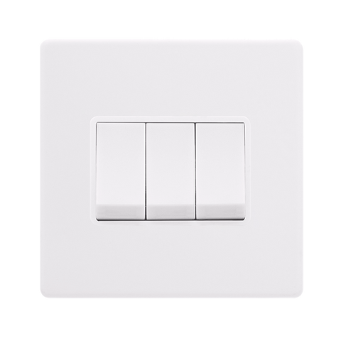 Screwless Plate Polar White 10A   3 Gang 2 Way Light Switch - White Insert