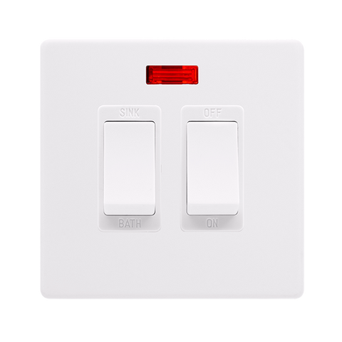 Screwless Plate Polar White 20A Sink / Bath Switch With Neon - White Insert