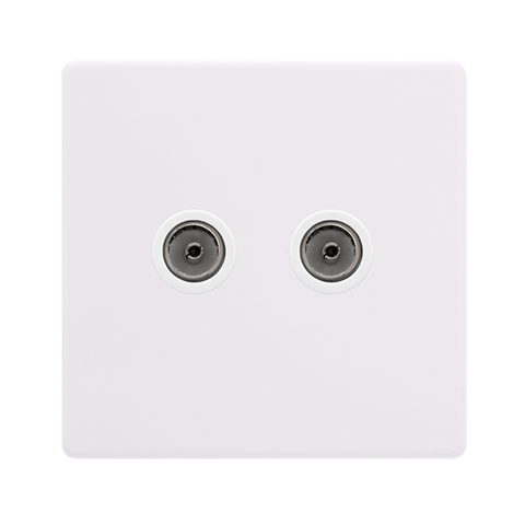 Screwless Plate Polar White Twin Non-Isolated Coaxial Outlet - White Insert