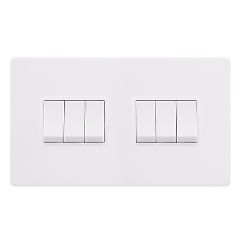 Screwless Plate Polar White 10A   6 Gang 2 Way Light Switch - White Insert