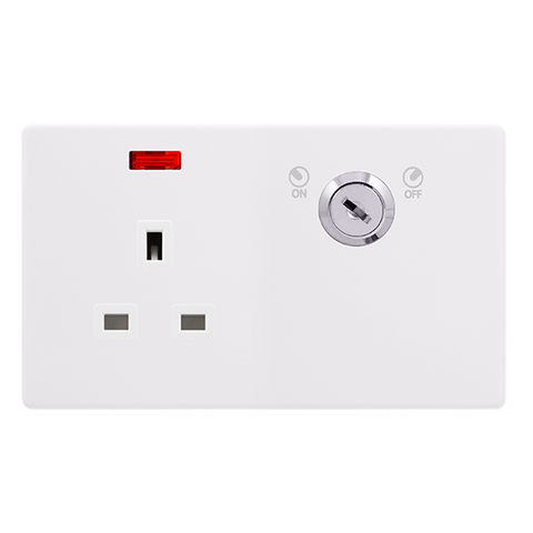 Screwless Plate Polar White 13A 1 Gang Double Pole Key Lockable Socket With Neon - White Insert
