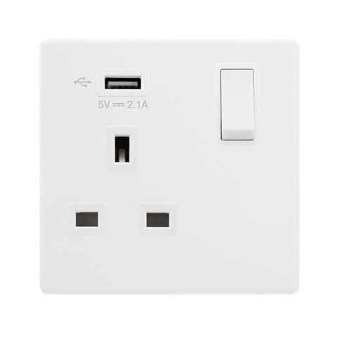 Screwless Plate Polar White 13A   1 Gang Switched Plug Socket With 2.1A Usb Outlet - White Insert