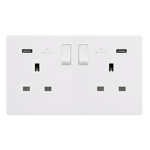 Screwless Plate Polar White 13A   2 Gang Switched Plug Socket With 2.1A Usb Outlets - White Insert