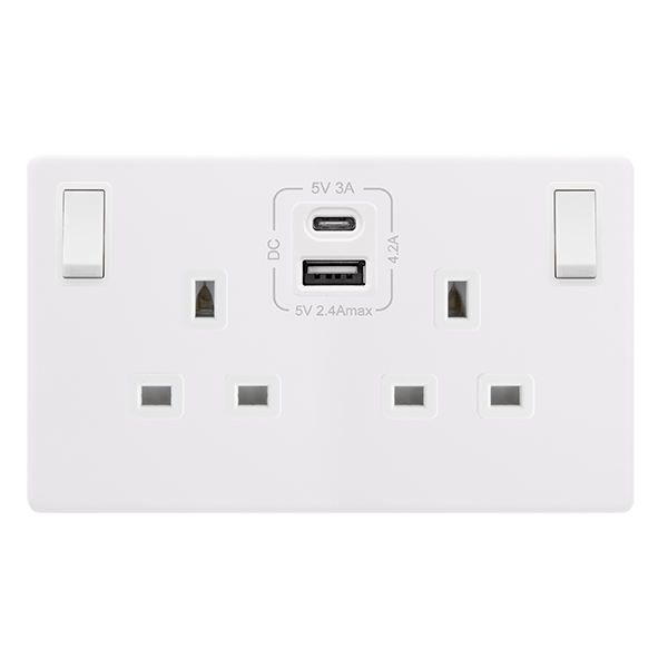 Screwless Plate Polar White 13A 2 Gang Switched Plug Socket With Type ...