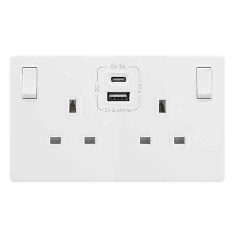 Screwless Plate Polar White 13A   2 Gang Switched Plug Socket With Type A + C Usb - White Insert