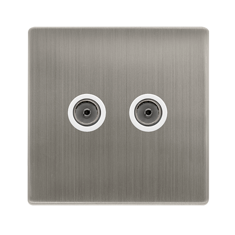 Screwless Plate Stainless Steel Twin Non-Isolated Coaxial Outlet - White Trim - SE Home