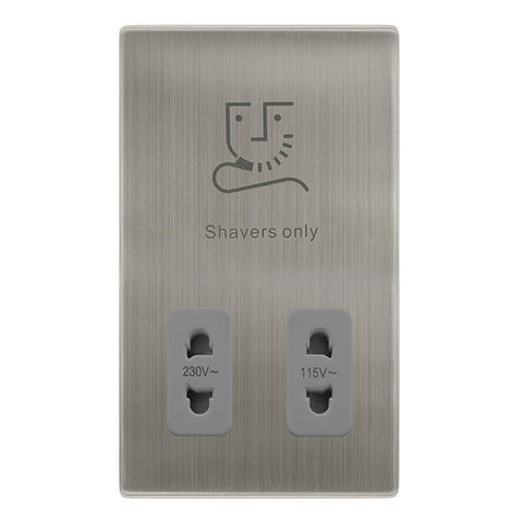115/230V Dual Voltage Shaver Socket - Stainless Steel Cover Plate - Grey Insert - Screwless