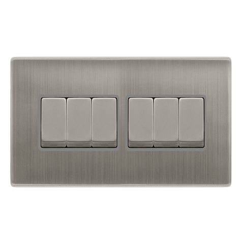 10AX Ingot 6 Gang 2 Way Switch - Stainless Steel Cover Plate - Grey Insert - Screwless