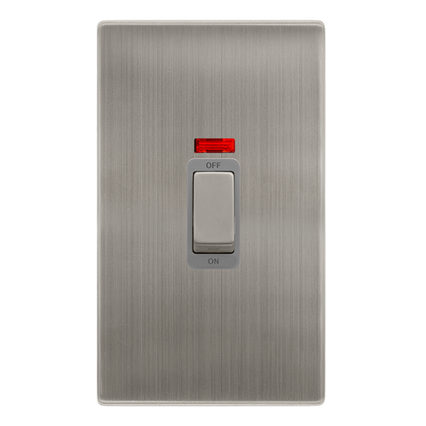 50A Ingot 2 Gang Double Pole Switch With Neon -  Stainless Steel Cover Plate - Grey Insert - Screwless