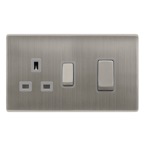 50A Ingot Double Pole Switch With 13A Double Pole Switched Socket -  Stainless Steel Cover Plate - Grey Insert - Screwless