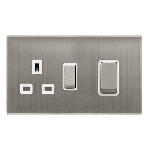 Screwless Plate Stainless Steel 50A Ingot Double Pole Switch With 13A Double Pole Switched Plug Socket -  White Trim