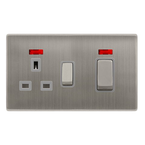 50A Ingot Double Pole Switch With 13A Double Pole Switched Socket + Neon -  Stainless Steel Cover Plate - Grey Insert - Screwless