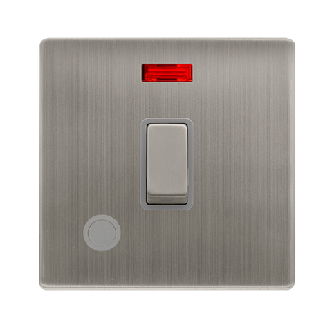 20A Ingot Double Pole Switch With Neon + Flex Outlet - Stainless Steel Cover Plate - Grey Insert - Screwless
