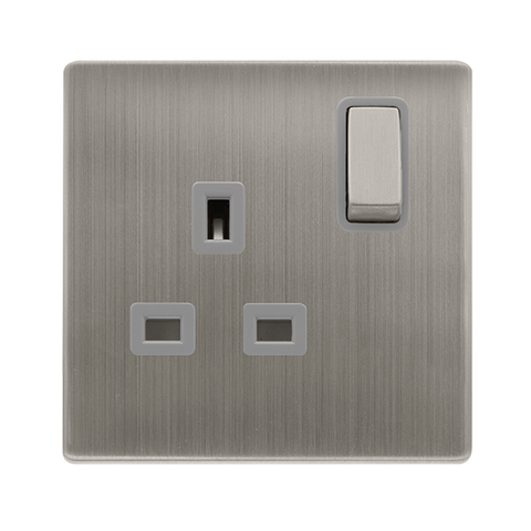 13A Ingot 1 Gang DP Switched Socket - Stainless Steel Cover Plate - Grey Insert - Screwless