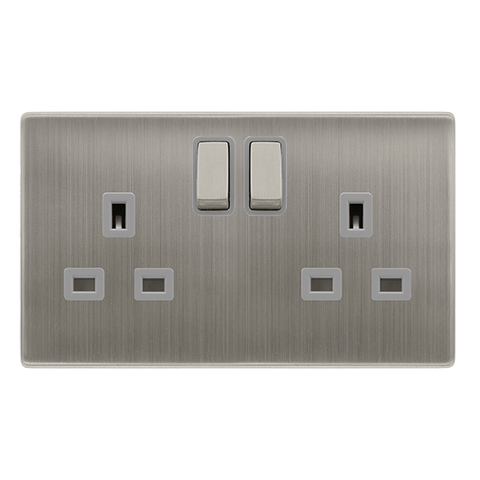13A Ingot 2 Gang DP Switched Socket - Stainless Steel Cover Plate - Grey Insert - Screwless