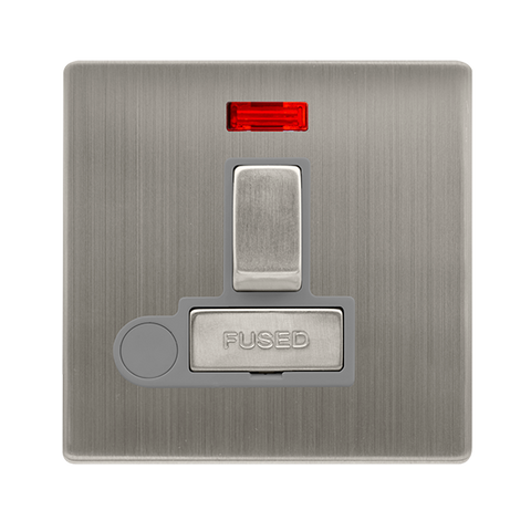 13A Ingot Switched Fused Connection Unit With Neon + Optional Flex Outlet - Stainless Steel Cover Plate - Grey Insert - Screwless