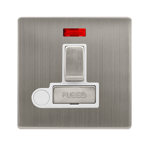 Screwless Plate Stainless Steel 13A Ingot Switched Fused Spur Unit With Neon + Optional Flex Outlet - White Trim