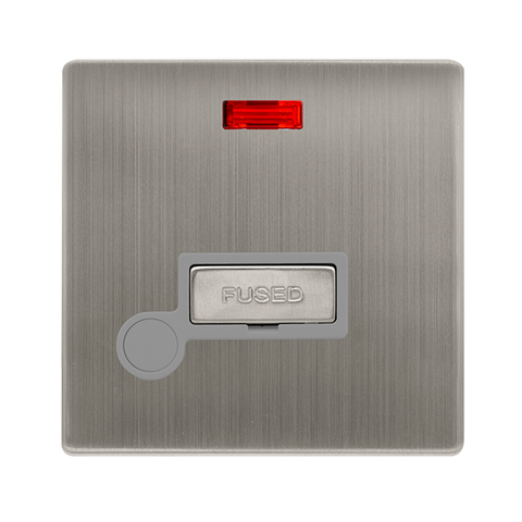 13A Ingot Fused Connection Unit With Neon + Optional Flex Outlet - Stainless Steel Cover Plate - Grey Insert - Screwless