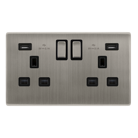 Screwless Plate Stainless Steel 13A Ingot 2 Gang Switched Plug Socket With 2.1A Usb Outlets - Black Trim