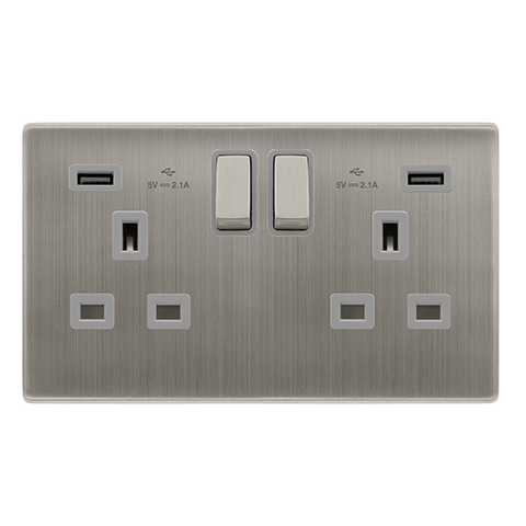 13A Ingot 2 Gang Switched Socket With 2.1A Usb Outlets - Stainless Steel Cover Plate - Grey Insert - Screwless