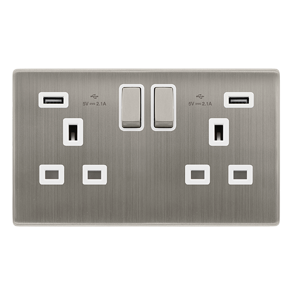 Screwless Plate Stainless Steel 13A Ingot 2 Gang Switched Plug Socket ...
