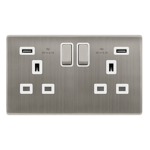 Screwless Plate Stainless Steel 13A Ingot 2 Gang Switched Plug Socket With 2.1A Usb Outlets - White Trim