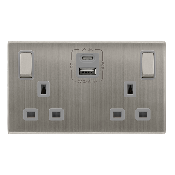 13A Ingot 2 Gang Switched Safety Shutter Socket With Type A + C Usb ...