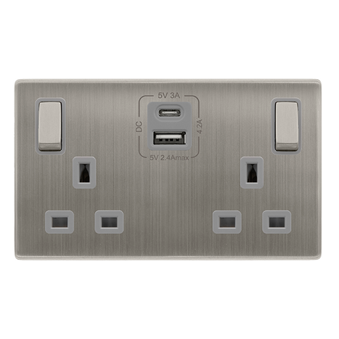 13A Ingot 2 Gang Switched Safety Shutter Socket With Type A + C Usb - Stainless Steel Cover Plate - Grey Insert - Screwless