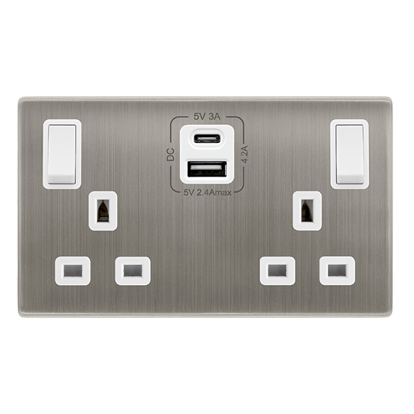 Screwless Plate Stainless Steel 13A Ingot 2 Gang Switched Plug Socket ...