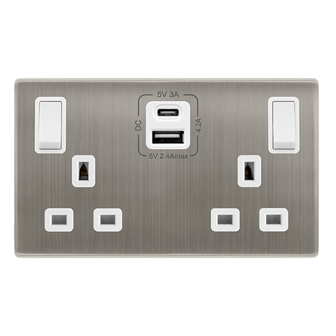 Screwless Plate Stainless Steel 13A Ingot 2 Gang Switched Plug Socket With Type A + C Usb - White Trim