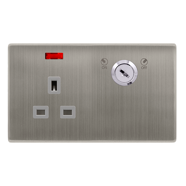 13A 1 Gang Double Pole Key Lockable Socket With Neon - Stainless Steel ...