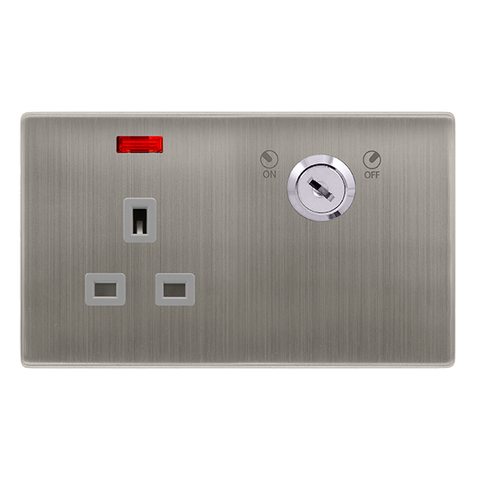 13A 1 Gang Double Pole Key Lockable Socket With Neon - Stainless Steel Cover Plate - Grey Insert - Screwless