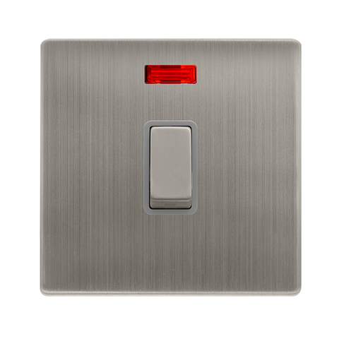 20A Ingot Double Pole Switch With Neon - Stainless Steel Cover Plate - Grey Insert - Screwless