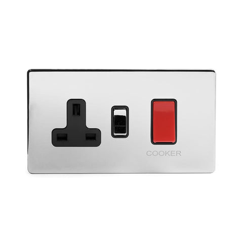 Screwless Polished Chrome - Black Trim - Slim Plate Screwless Polished Chrome  45A Cooker control with Socket Light Switch