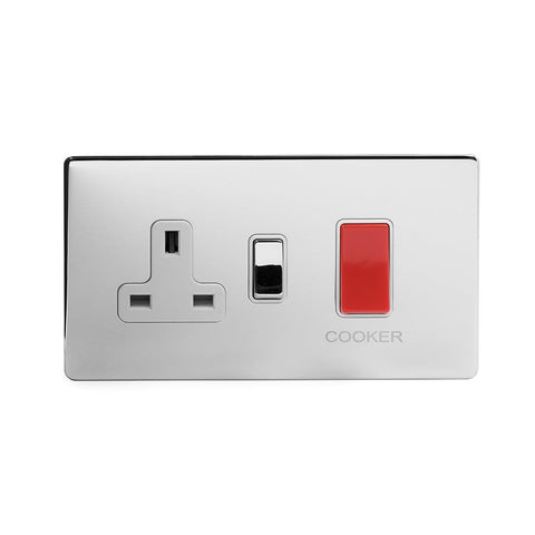 Screwless Polished Chrome - White Trim - Slim Plate Screwless Polished Chrome  45A Cooker control with Socket